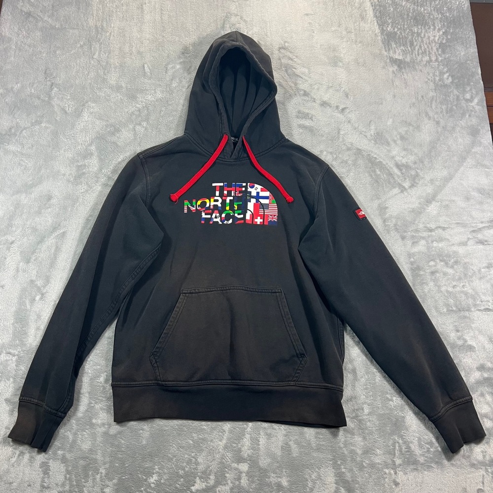 The North Face World Flags Pullover Hoodie Mens Small Black Faded Gorpcore TNF